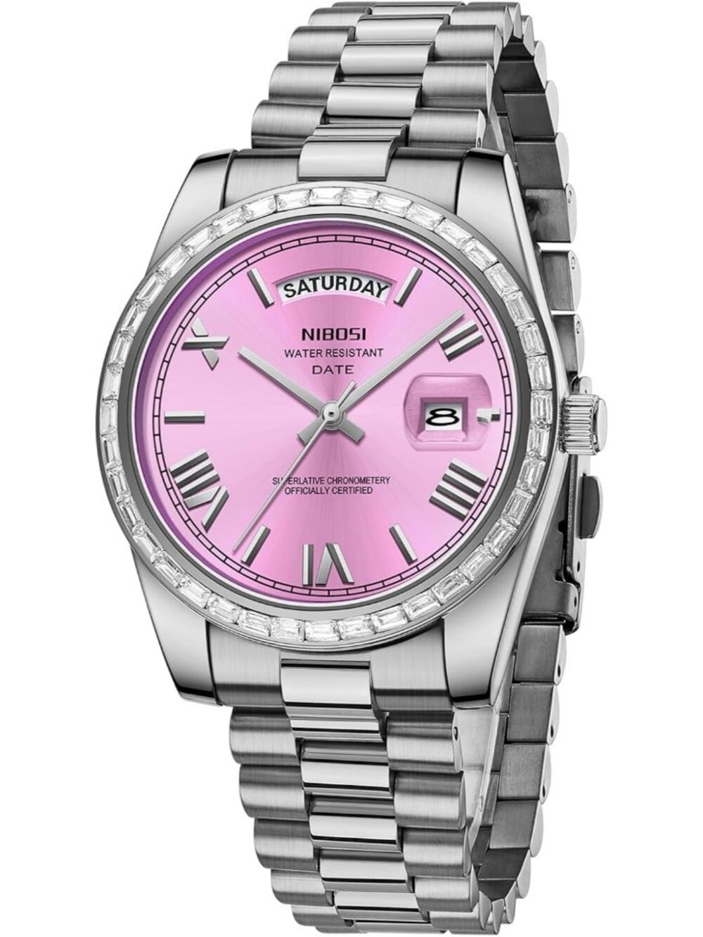 Nibosi Men's Silver Pink Analog Quartz Diamond Bezel Stainless Waterproof Watch